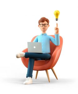 CPO with glasses sitting in a red chair, laptop in hand, having a lightbulb moment symbolizing a breakthrough idea.